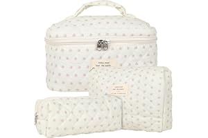KOMABLEN 3pcs Reise Kosmetiktasche Set Damen, Baumwolle Kulturbeutel Set Damen Gesteppte Kulturtasche mit Blumenmuster, Make up Bag Aesthetic Schminktasche Cosmetic Bag für Kinder Damen