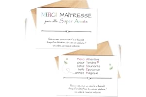 UVACN DUO DE CARTES MERCI MAITRESSE & MERCI ATSEM + Bracelet porte-bonheur - Cadeau fin d'année remerciement institutrice, professeur des écoles