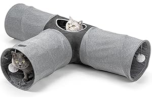 lionto 3-drożny tunel dla kota z piłeczką, 30x120x80 cm, składany i rozszerzalny tunel z łatwego w pielęgnacji materiału lnianego, wytrzymała zabawka dla kota, średnica 30 cm