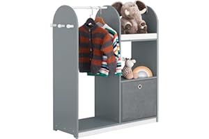 SoBuy Kids Wardrobe with Hanging Rail, Kids Wardrobe for Bedroom with Storage Box and 3 Hooks, Small Closet for Children's Room Grey 97x35x108cm KMB40-HG