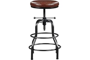Yaheetech Tabouret de Bar Industriel en Similicuir Tabouret Haut Rond Réglable en Hauteur avec Deux Repose-Pieds Tabouret de Comptoir pour Cuisine Restaurant Design Néo-rétro Marron
