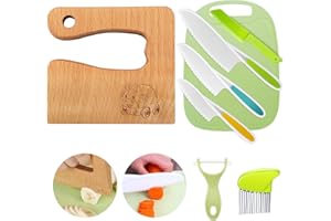 Goodchef Lot de 8 couteaux de cuisine pour enfants - Pour couper et cuisiner des fruits ou des légumes - Avec couteau en bois, planche à découper, éplucheur (chardonnier)