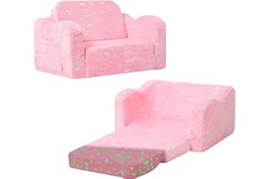 MeMoreCool Kids Couch, Folding Toddler Armchair Chair Sofa, Soft Plush Fold Out Kids Sofa Bed Glow in The Dark, Comfy Baby Recliner for Girls Boys, Glowing Unicorn