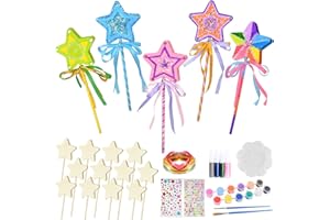 RAINPOP 12 Stück Bastelset Kinder Mädchen, Zauberstab Bastelset, DIY Zauberstab für Kinder, Fee Prinzessin Zauberstab, Party Mitgebsel, Kindergeburtstag Holz Stern Zauberstäbe zum Bemalen Malen und Basteln