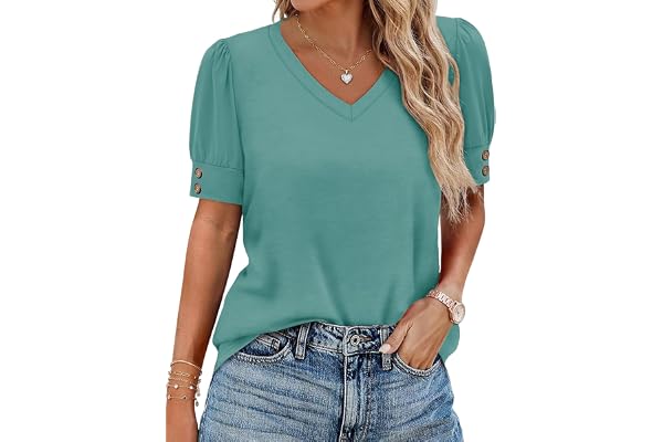 Cuptacc T-shirt dam v-ringad blus damer sommar elegant puffärmar topp casual ledig ledig basic topp