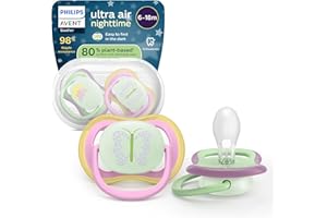 Philips Avent Sucettes de nuit ultra air - Orthodontiques, pour bébés de 6 à 18 mois, phosphorescentes, téterelle symétrique en silicone souple, sans BPA, lot de 2, SCF376/29