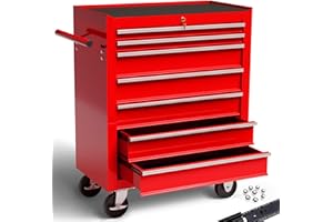 AREBOS Servantes d'atelier 7 Compartiments | Fermeture centralisée | Tapis antidérapants Inclus | tiroirs sur roulements à Billes | 2 Roues avec Frein (Rouge)