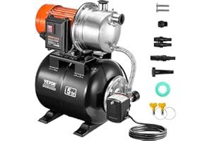 VEVOR Bomba para Pozos Poco Profundos de 1176 W 5600 L/H Con Tanque de Presión de 19 L - Refuerzo de Agua de Riego Automática Con Cabezal de Acero Inoxidable para Césped de Jardín