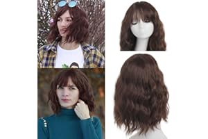 Leeven Brązowa peruka z grzywką, krótka peruka bob, damska, syntetyczna, luźna, falowana, brązowa, dla kobiet, naturalna krótka peruka z grzywką, kostium peruki/brązowa