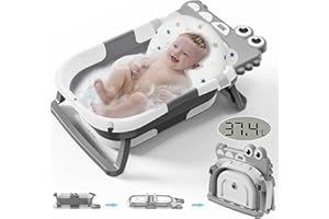 KYYOKE Baby Badewanne Faltbare Babybadewanne mit Thermometer, Rutschfeste Tragbare Reisedusche Badebecken Duschwanne für Neugeborene Kleinkinder, Baby Bathtub Babywanne Wanne Faltbar mit Badematte