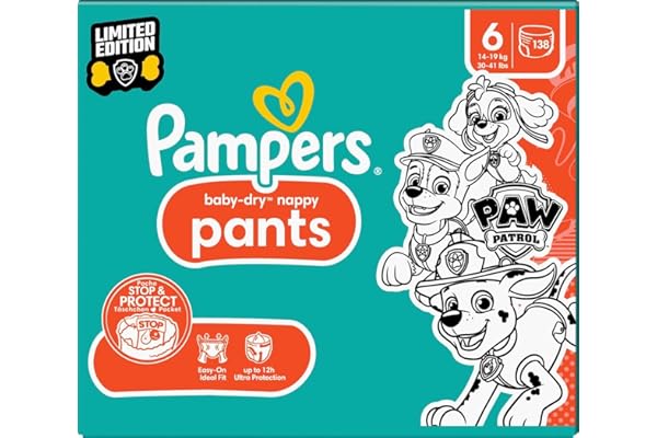 Pampers Baby-Dry Pants, Taille 6, 138 Couches-Culottes, 14-19kg, Maintien 360° et Poche Stop & Protect à La Rescousse Contre Les Fuites, Edition Limitée avec La Pat’Patrouille, Pack 1 Mois