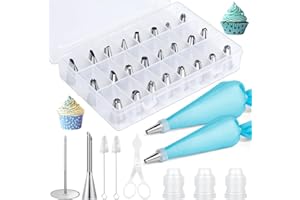 AiQInu Poche a douille patisserie 34 pcs, 24 douilles en acier inoxydable, 2 poches à douille réutilisables en silicone, pour gâteaux, cupcakes, cookies, pâtisseries