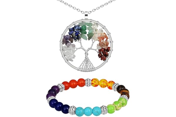 MicVivien 7 Chakra Arbre de la Vie en Cristal Stone Pendentif Collier et Bracelet Chakra Perles Bouddhiste