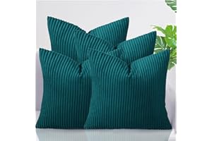 AMEHA Soft Corduroy Teal Velvet Cushion Covers 45 x 45 cm Set of 4 Pcs with Invisible Zipper Decorative Square Throw Pillowcases for Bedroom, Sofa (18x18 inch Stripe Cushions)