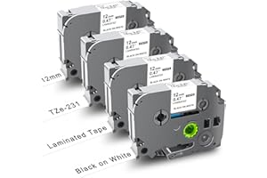 UNOKA Refills for Brother Label Printer Tape 12mm 0.47 TZe-231 TZe 231 Black on White Laminated Cassettes for Brother P Touch PT-H100 H101 H107 H105 E500 1000 1010 D200 D210 D400 Label Makers