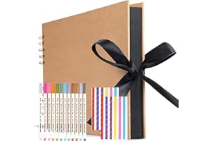 Large Scrapbook, funvce 12"x 8" Scrap Book with 80 Pages Black Craft Paper, DIY Photo Album with Pens, Photo Corners for Adults Wedding, Birthday Gifts Memory Book, Square Kids Guestbook, Brown Cover