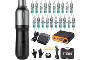 STIGMA Kit rotativo per tatuaggi, penna completa con 20 cartucce aghi, display digitale, con scatola di plastica per principianti e tatuatori, Nero