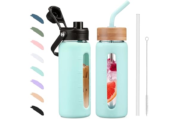 BLUEGO 600 ml glasflaska med sugrör och 2 lock kaffekopp med tidsmarkör och silikonskydd drickflaska för soda cola BPA-fri, l
