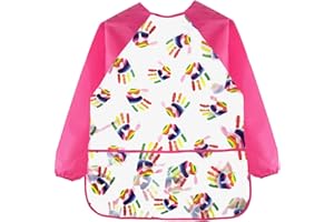 REEKNOKOL Kids Apron, Ages 3-8 Waterproof Children's Aprons With Long Sleeve and Pocket for Painting, Cooking, Eating, Arts & Crafts