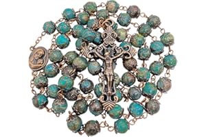 NAZARETH STORE Collana rosario con perline in pietra naturale Design in rame antico Medaglia del suolo sacro e croce in sacchetto di velluto - Rosari cattolici Terra Santa Gerusalemme