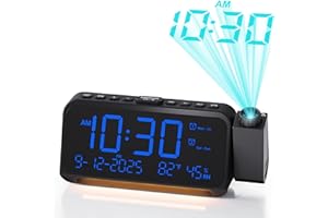 Roxicosly Alarm Clock Radio with 350° Projector, Loud Dual Alarm Projection Clock on Ceiling with 5 Dimmer, 7 Volumes, Temp, Humidity, USB & Type C Chargers, Night Light, Weekday Weekend