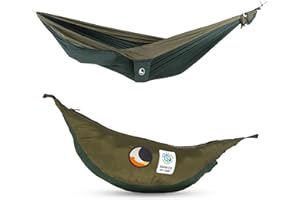 ‎TICKET TO THE MOON Fallschirmhängematte King Size - Original seit 1996 | DUNKELGRÜN/ARMEEGRÜN | Groß und Komfortabel | 320 x 230 cm, nur 700 g | Schneller Aufbau < 1min | Camping, Hängematte