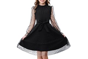 Rolanko Vestido de Manga Larga Abullonada para Niña, Cintura Alta con Cinturón Línea A Cuello Volante Malla Contrastada Vestidos de Princesa para Fiesta en Tul