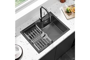 ANYCEE Lavello Cucina 1 Vasca 60x45 cm, Lavello Nero in Acciaio Inox con Foro e Cestello, Lavandino Cucina Nero per Mobile da 60cm, Lavelli da Incasso o Banco con Sifone e Scarico