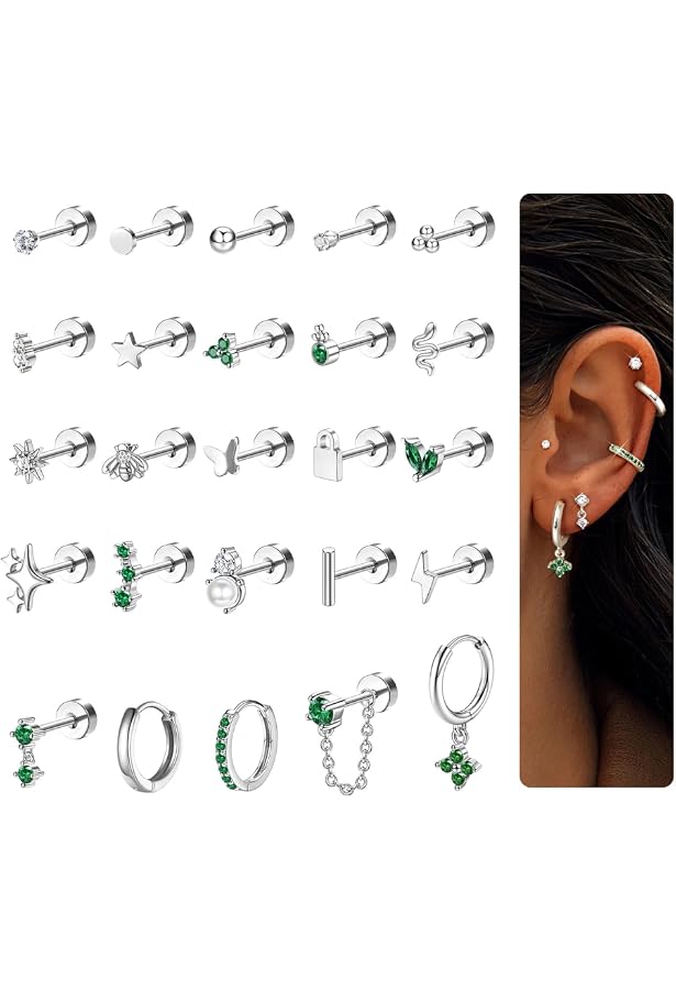 JeweBella 6 Paires Boucles D'Oreilles Femme Acier Inoxydable 316L - Hypoallergéniques Plaqué Or 14K - Creoles Chaîne & Clous