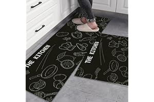 FDKJOK 2 Piece Kitchen Mats Kitchen Rug Set, Anti Fatigue Standing Mat Rugs Waterproof, Non-slip, Floor Mats for Kitchen, Office (60 x 40cm + 120 x 40cm)(Black)