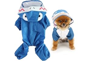 SMALLLEE_LUCKY_STORE Cute Shark Raincoat for Small Dogs with Clear Hoood Leash D-ring Puppy Botton Down Rain Jacket Full Boby 4 leg Jumpsuit Lightweight Waterproof Clothes,Blue XL