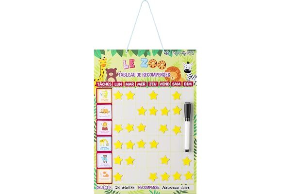 Navaris Tableau de récompense enfants - Tableau magnétique comportement responsable - 42 étoiles 1 marqueur 20 aimants d'activités