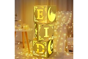 DAOUZL Eid Mubarak Décoration, 3 Boîtes Creuses Blanches avec Lumineuses, Décoration Eid Mubarak, Decoration Aid Moubarak, Boîtes Ramadan Aïd pour Décoration Islamique Musulman Ramadan