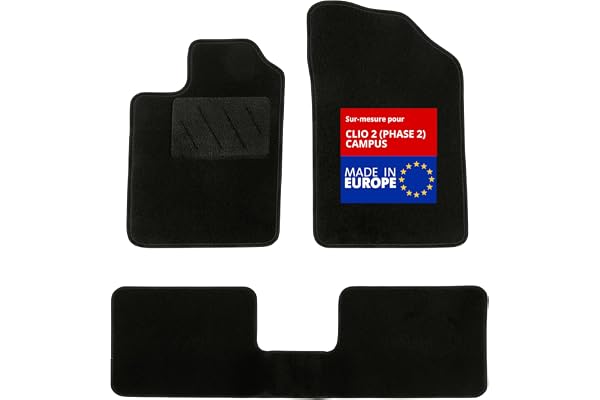 DBS - Tapis de Sol Voiture - sur Mesure - Adapté à Votre Renault Clio 2 (Phase 2) et Campus (06/2001-10/2012) Antidérapant : Clips de Fixation et Autogrip - 3 pièces : Protection du Pont arrière