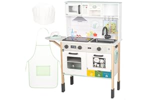 WOOMAX Cocinita de Madera, con luz y Sonido, Horno, Microondas, Fregadero, Plancha, Accesorios, Cocinita de 60x30x97 cm, Juego simbólico e imaginación, Niños Desde 3 años (39074)