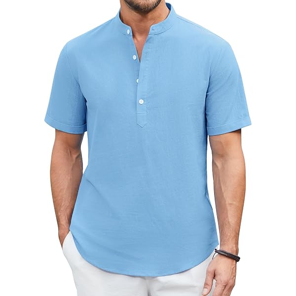 Runcati Chemise D'été En Lin à Manches Courtes Pour Homme - Col Montant - Décontractée - Pour Le Travail, Beige, M