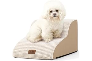 COZY KISS Schody dla małych psów, zakrzywiony krok dla zwierząt domowych z szczelną osłoną, rampa dla kota z pianki o wysokiej gęstości, na łóżko lub sofę, lekka, trwała, wygodna (beżowe, 2 stopnie