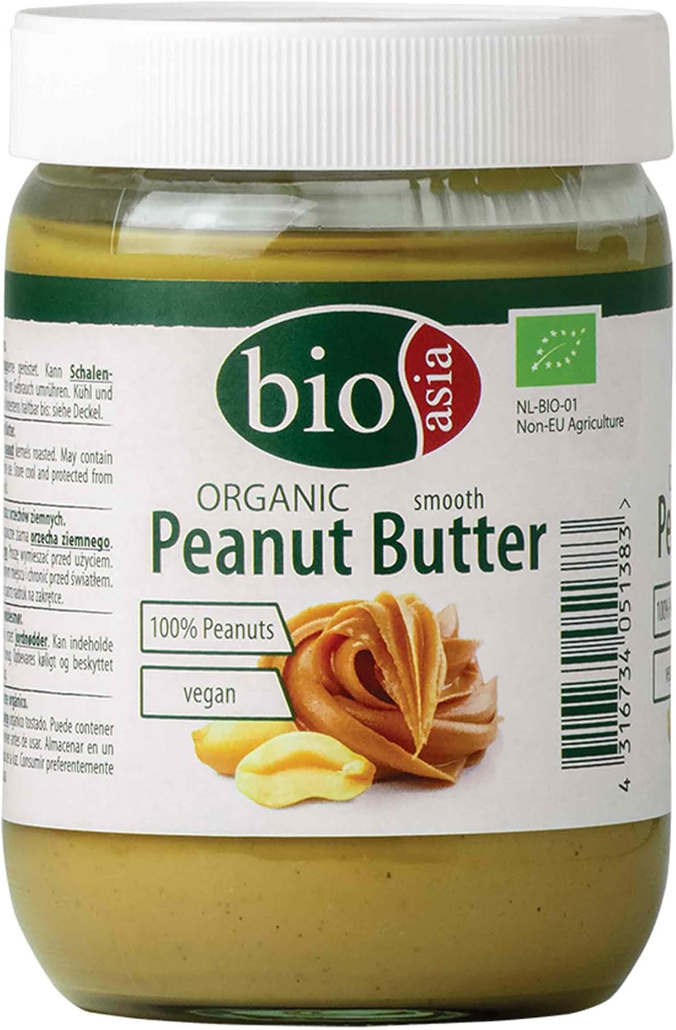 BIOASIA Crema de cacahuete ecológica – Peanut Butter – hecha con 100 % cacahuetes tostados, cremosa, sin aditivos, en tarro de cristal, vegana y sin gluten, 500 g