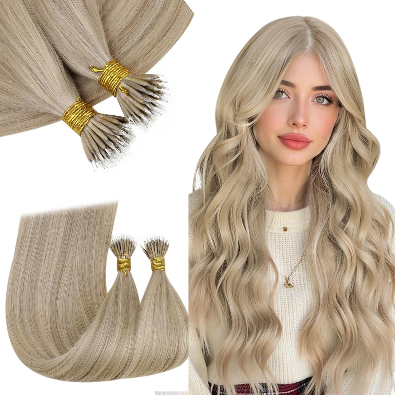 RUNATURE Nano Hair Extensions Real Human Hair Blonde Nano Beads Hair Extensions Highlight Light Brown with Ashy Blonde Invisible Nano Ring Straight Remy Hair 50s 12 Inch #16P22