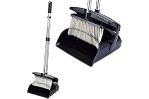 Wuudi Paletta Spazzatrice Scopa con Manico Lungo e Coperchio Set in Plastica Acciaio Inox 121cm Richiudibile Pulizia Spazzola per Cucina Casa Nero