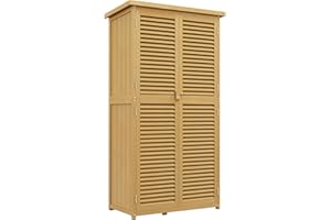 Outsunny Casetta Attrezzi Giardino in Legno di Abete e Pino con 4 Scompartimenti, Armadio da Esterno Porta Attrezzi da Giardino con Tetto Impermeabile, 87x46.5x160cm, Giallo