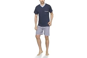 Moonline - Herren Shorty Schlafanzug kurz Pyjama mit Karierter Hose aus 100% Baumwolle