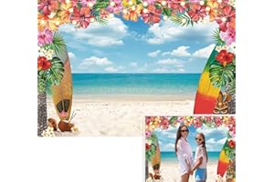 XCKALI Hawaiian Beach Hintergrund Aloha Tropical Flower Hintergrund Palm Leaves Blue Sky Cloud Surfboard Dekoration Geburtstag Party Baby Shower Kuchen Tisch Fotoshooting Requisiten (2,4 x 1,8 m)
