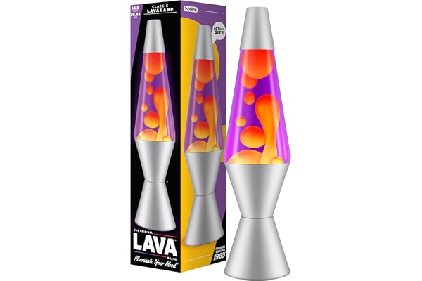 LAVA® - Lava Lampa 2125, gult vax, lila vätska, silverfärgad bas och topp, original 14,5 tum LAVA® märke rorelse lampa