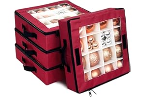 VERONLY Christmas Ball Ornaments Storage Box with Dividers - 4 Pcs Collapsible Xmas Decorations Organizer with 2 Handles and Lids for Holiday (Red)