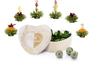 ‎CREANO Creano Erblühtee 6 Teeblumen in Holzschachtel in Herzform - grüner Tee - Teegeschenkset