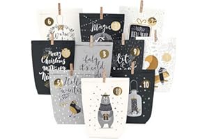 HOECMRHP Adventskalender zum Befüllen, Weihnachtskalender zum selber befüllen, 24 Bedruckt Adventstüten zum selbst füllen, Geschenk Papiertüten mit Zahlen Aufkleber zum Selbstbefüllen (Schwarz)