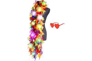 JIANGLAI Colorful Feather Boas, 6.6ft Boa with 20 Color LED Lights for Women, Dancing, Wedding, Party, Halloween, with Heart Sunglasses