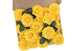 N&T NIETING 25 pièces Roses artificielles en Mousse au Toucher réaliste avec Tige pour Bouquet de Mariage, Saint-Valentin, fête des mères, décoration de la Maison,Jaune