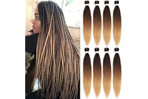 Leeven 26 Pouces Pre Stretched Braiding Hair 8 Packs Yaki Extensions for Box Braids Ombre Crochet Hot Water Setting EZ 1B/30/27#